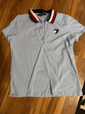 Tommy Hilfiger Light Blue Polo with Tricolor Collar and Heart Patch